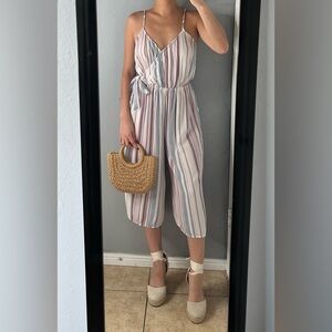 Striped culotte wide leg tiewaist jumpsuit M| coastal resortwear vacation travel